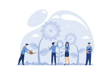 Flat vector illustration, teamwork on finding new ideas, little people launch a mechanism, search for new solutions, creative work vector. flat design modern illustration