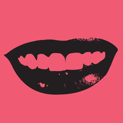 Abstract vector shape illustration of cut out woman lips on pink background. Black lips color silhouette with expression