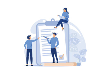 little people fill out a form, modern concept for web banners, infographics, websites, printed products vector. flat design modern illustration