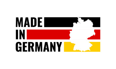 made in germany, vector logo with german flag colored stripes and country map