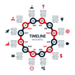 12 months or steps round diagram, whole year life plan or repeated cycle timeline, vector infographic