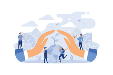 hands protect the planet from pollution. Save the planet concept., Plant a tree, save energy, Earth Day concept. flat design modern illustration