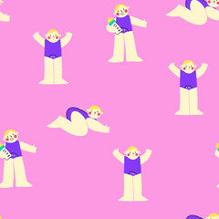 Vector seamless pattern with child in different poses. Little baby kid pattern on pink background. Nursery pattern design