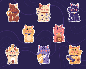 Stickers with Maneki neko, japanese lucky cat, fortune symbol, symbol of good luck, wealth and well-being. Cute kitty character of oriental flat vector illustration