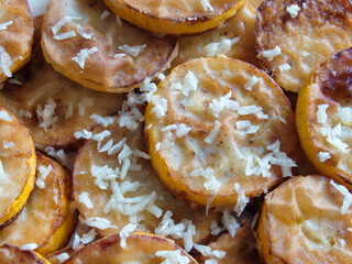 Fried Courgettes With Garlic. Fried zucchini, top view