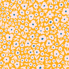 Cute flowers with leaves seamless repeat pattern. Random placed, vector florals all over surface print on yellow background.