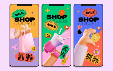 Online shopping marketing promo stories template set with bright colored shopping elements and stickers. Vector illustration