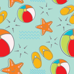  summer illustration beach pattern ,starfish, slippers ,beachball ,waves on blue background .