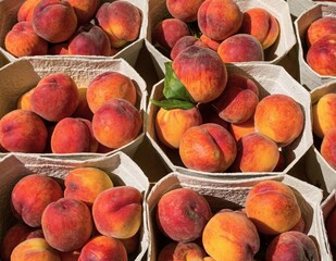 several bowls of peaches are next to each other, healthy and fresh fruit.