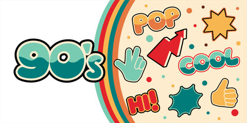 Collage banner retro pop of the 90s. Abstract background with inscriptions and stickers. Cool trendy vector design illustration.