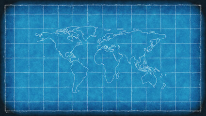 world map on old blueprint background texture