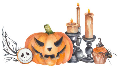 Halloween illustration with candles, pumpkin, spider and cookies
