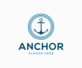 Ship anchor logo design. Anchor with rope logo design. Marine retro emblems logo with anchor icon
