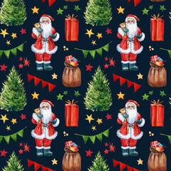 Holiday winter seamless pattern with watercolor red truck, fir tree. Santa Claus, Christmas tree