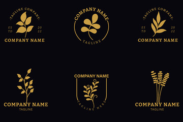 Fototapeta premium Minimalist Gold Leaf Leaves Tropical Logo Collection Style Dark Black.