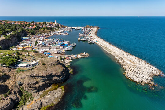 Aerial view of the Rumelian fishing port and the Rumelian Lighthouse at the Black Sea entrance to the Bosphorus, Istanbul, Turkey.