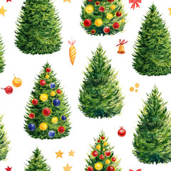 Festive seamless pattern with watercolor Christmas tree. Design for Happy New Year and Christmas print