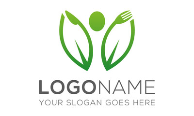 Green Color Fork and Knife Food Nature Eco Leaf Logo Design