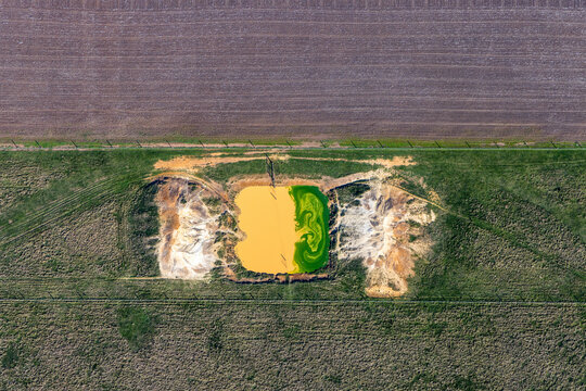 Aerial view of a dam in Bannockburn, Victoria, Australia.