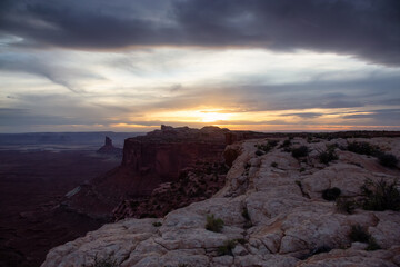 Scenic American Landscape and Red Rock Mountains in Desert Canyon. Spring Season. Sunset Sky. Canyonlands National Park. Utah, United States. Nature Background.