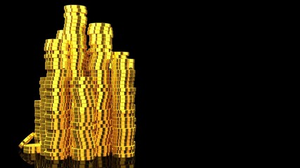 Gold coins on black background.
3D illustration for background.