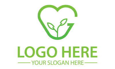 Green Color Line Art Love with Leaf Growth Logo Design