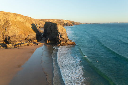 Aerial view of Bedruthan Carnewas, Cornwall, UK.