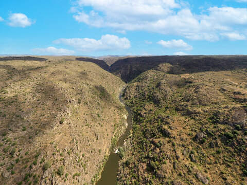 Aerial view of Coa River in Vale de Afonsinho, Portugal.