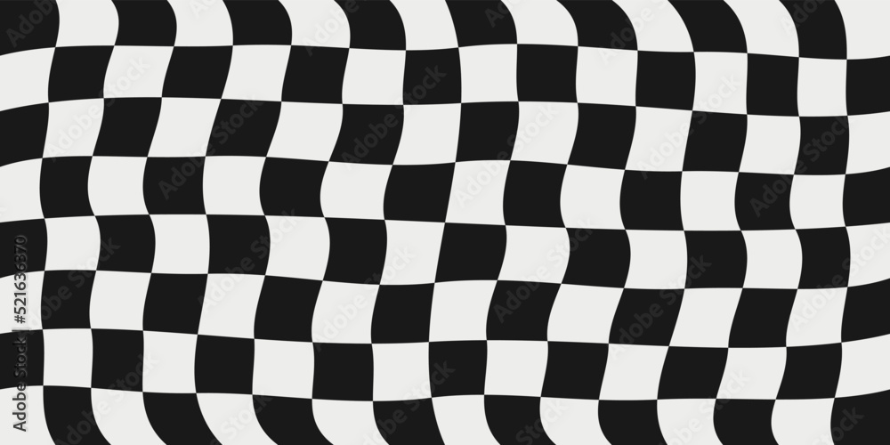 Poster Pattern with a checkerboard pattern. Vector black and white checkerboard and convex, curved. Seamless simple pattern of chess cells.