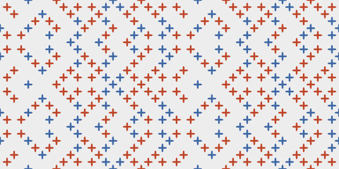 Red and blue crosses in a seamless pattern. Vector simple and decorative for print.