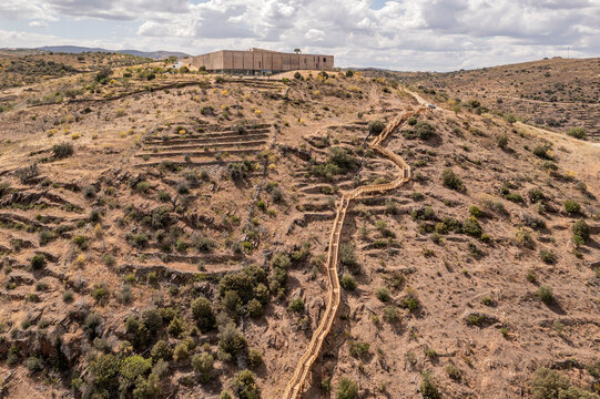 Aerial view of a walking path along Coa River in Vale de Afonsinho, Portugal.