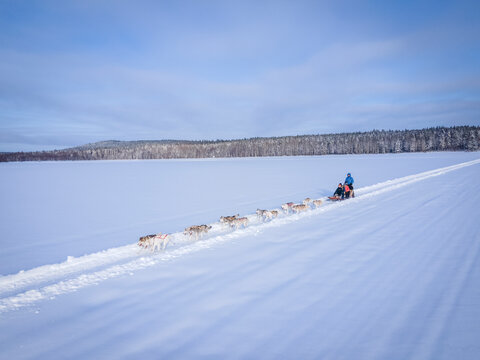 Aerial view of husky dogs pulling sled over frozen lake in Overtornea, Sweden.