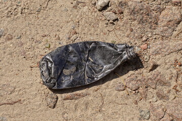 garbage from one dirty black plastic bottle lies on the brown earth in the street