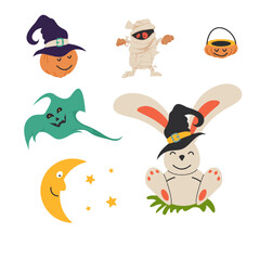 Halloween set pumpkin, ghost, rabbit, moon, mummy. Concept illustration with Sign and symbol. Flat design cartoon element. Vector illustration.