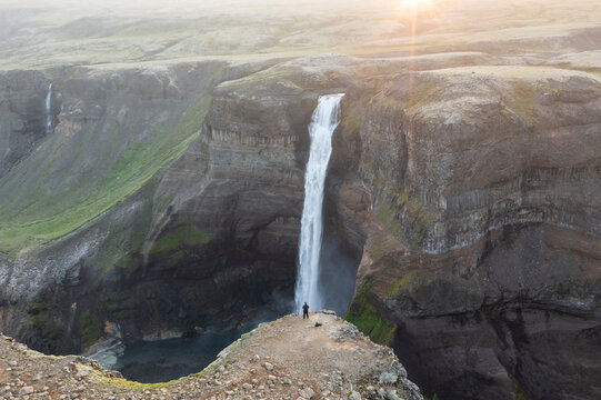 Aerial view of Granni waterfall at sunset, (Haifoss) in Iceland.