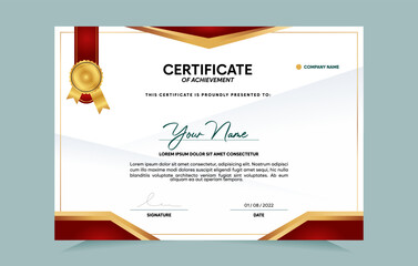 Red and gold certificate of achievement template set with gold badge and border.  For award, business, and education needs. Vector Illustration