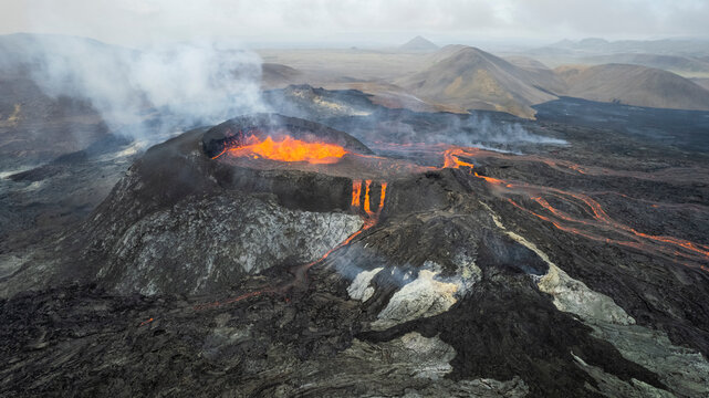 Aerial view of Fagradalsfjall Volcano during an eruption, Grindav&iacute;k, Southern Peninsula, Iceland.