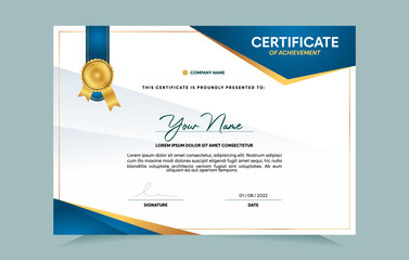 Fototapeta na wymiar Blue and gold certificate of achievement template set with gold badge and border. For award, business, and education needs. Vector Illustration