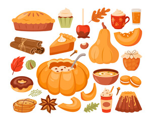 Pumpkin dish. Vector set of dishes with fresh ripe pumpkin, jam jar, fruitcake, soup, latte with cinnamon. Traditional autumn Thanksgiving food. Autumn set for halloween invitation, harvest, menu