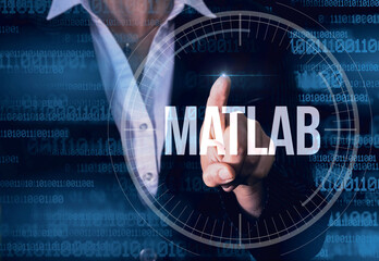 Business Woman with finger pressing Matlab button on virtual screens. Modern technology concept
