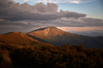 Pip Ivan summit. Carpathian Mountain, Ukraine. Walking and hiking trails in Chornohora ridge. Rural...