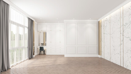 Empty room with wardrobe and wall cornice using white tones in the decoration design. 3D rendering © Phongphan