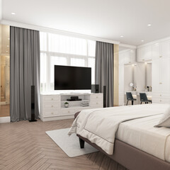 Bedroom with tv cabinet and gray curtains using white tones in the decoration design. 3D rendering