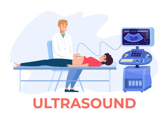 Doctor is carrying out ultrasound screening of pregnancy.  Ultrasound scanner. Gynecology. Medical equipment. Ultrasonic device.