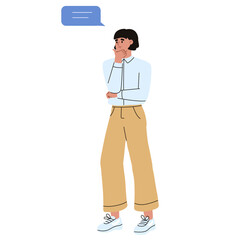 Thinking girl in full growth. Pensive mood. Puzzled. Standing woman.