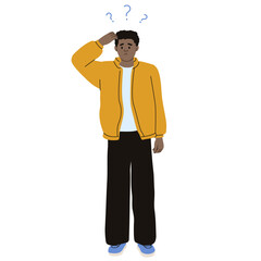 Confused man is scratching his head and thinking. Puzzled man. Contemplation. Flat vector illustration. Person.