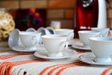 cup of tea,  cup of coffee, breakfast table, breakfast in the country, breakfast, white porcelain cups, checkered tablecloth, coffee on the farm, blurred background