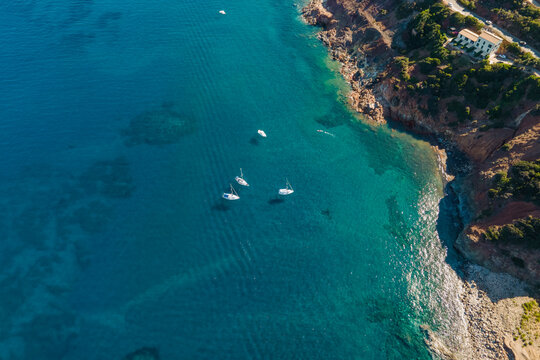 Aerial view of the beautiful coastline with sailing boats near Rio, Elba Island, Tuscany, Italy.