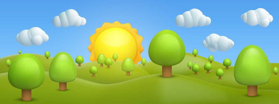 3d realistic cartoon panorama summer landscape background with green hills, trees, mountains, clouds, sun, on blue sky. Cute children nature environment composition. Vector illustration.
