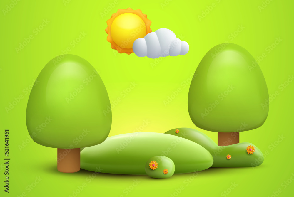 Wall mural Realistic cartoon 3d summer nature composition in minimal cute style. Green ecology exhibition, podium, pedestal or island with trees. Cute template background composition. Vector illustration.